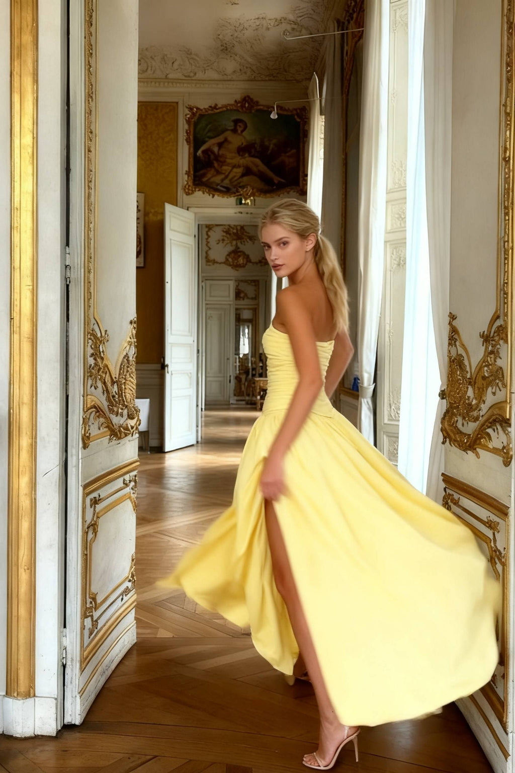 Strapless Ruched Bodice High Split Draped Column Maxi Gown