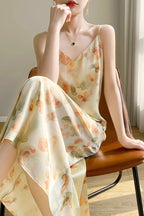 Satin Floral Print Spaghetti Strap Cami Slip Midi Dress
