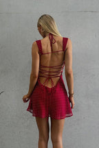 Polka Dot Sweetheart Lace Trim Halter Tie Fit and Flare Mini Dress