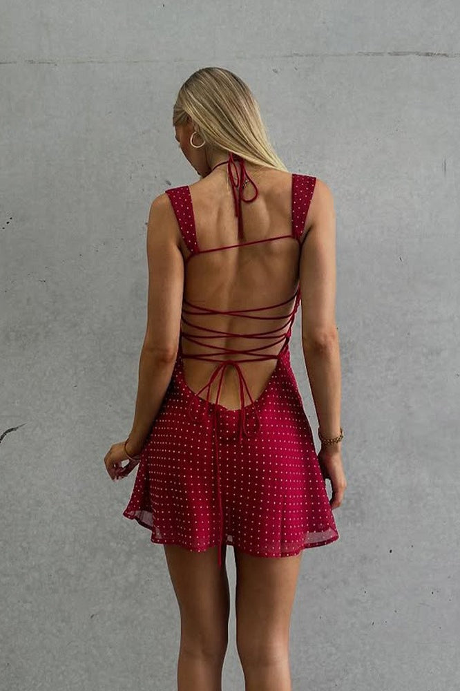 Red Sweetheart Dual Strap Polka Dot Chiffon Mini Dress