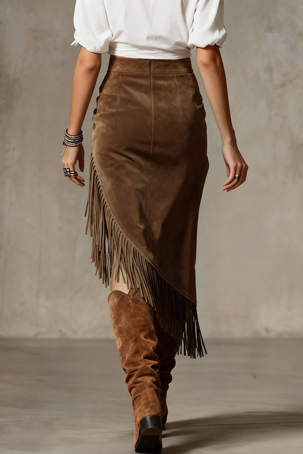 Fashionable Suede Tassel Irregular Casual Midi Skirt