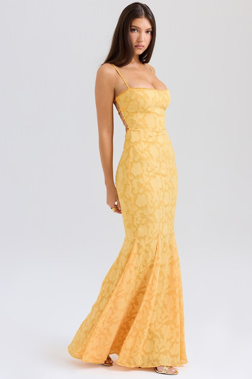 Floral Jacquard Strapless Mermaid Maxi Lace Dress