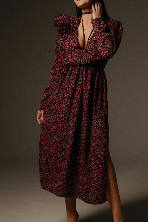 Deep V Neck Long Sleeve 3D Flower Applique High Slit Maxi Dress