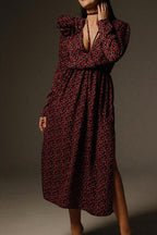 Deep V Neck Long Sleeve 3D Flower Applique High Slit Maxi Dress