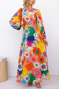 Floral Print Lantern Sleeve Waist Cut Out Maxi Dress