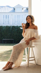 Crochet Off Shoulder Ruffle Overlay Drawstring Tassel Maxi Dress