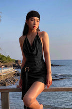 Vintage Pleated Brown A-Line Maxi Dress
