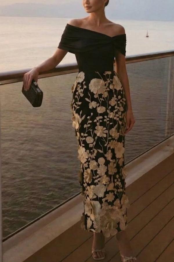 Classic 3D Floral Embroidery Off The Shoulder Short Sleeve Sheath Midi Dress