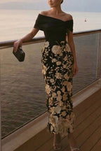 Classic 3D Floral Embroidery Off The Shoulder Short Sleeve Sheath Midi Dress