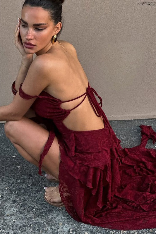 Lace Off Shoulder Ruffled Tier High-Low Hem Maxi Dress