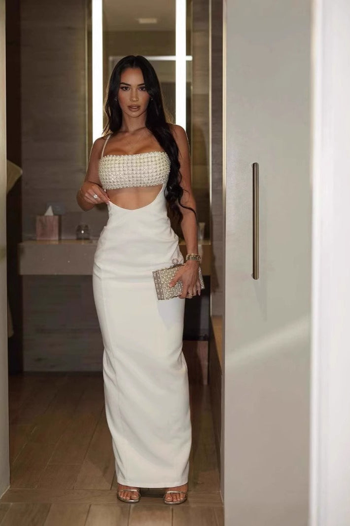 Pearl Embellished Spaghetti Strap Midriff Cut Out Bodycon Midi Dress