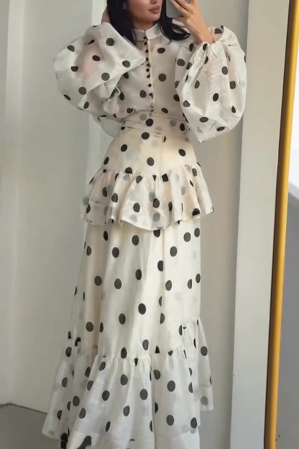 Stylish Polka Dot Print Stand Collar Long Sleeve Elegant Ruffle Maxi Dress