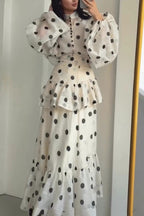 Stylish Polka Dot Print Stand Collar Long Sleeve Elegant Ruffle Maxi Dress
