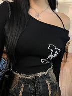 Ribbed Cartoon Print Off Shoulder Long Sleeve Knit