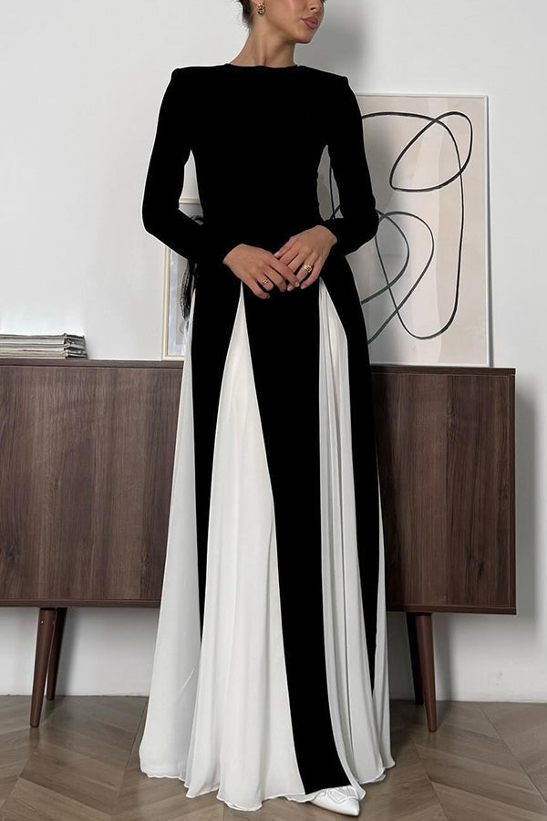 Long Sleeve Crew Neck Paneled Pleated Godet A-Line Maxi Dress