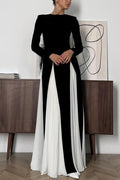 Long Sleeve Crew Neck Paneled Pleated Godet A-Line Maxi Dress