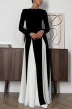 Long Sleeve Crew Neck Paneled Pleated Godet A-Line Maxi Dress