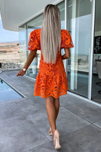 Crochet Lace Mock Neck Puff Sleeve Ruffle Hem Mini Dress