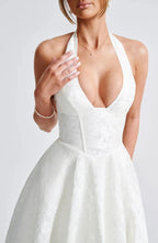 Vintage Jacquard Midi Dress with Halter Neck