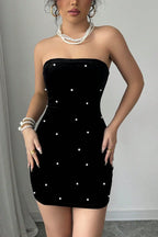 Velvet Strapless Pearl Studded Bodycon Mini Dress
