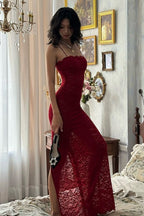 Floral Lace Scallop Trim Spaghetti Strap Bodycon Maxi Dress