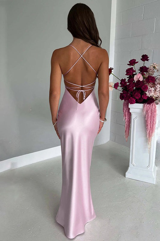 Satin Spaghetti Strap Scoop Neck Bodycon Maxi Slip Dress