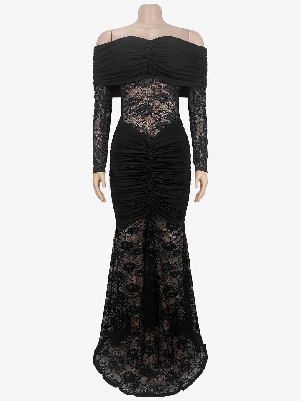 Off Shoulder Ruched Lace Sheer Panel Slim Fit Fishtail Long Gown For Women 2026