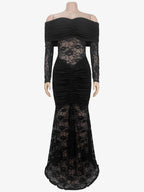 Off Shoulder Ruched Lace Sheer Panel Slim Fit Fishtail Long Gown For Women 2026