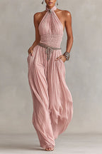 Bohemian Halter Neck Wide-Leg Jumpsuit