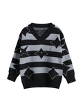 Plush Stripe Print V Neck Star Embellished Sweater
