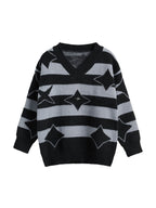 Plush Stripe Print V Neck Star Embellished Sweater