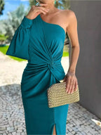 Full Size One-Shoulder Knot Detail Slit Maxi Dress Plus Size