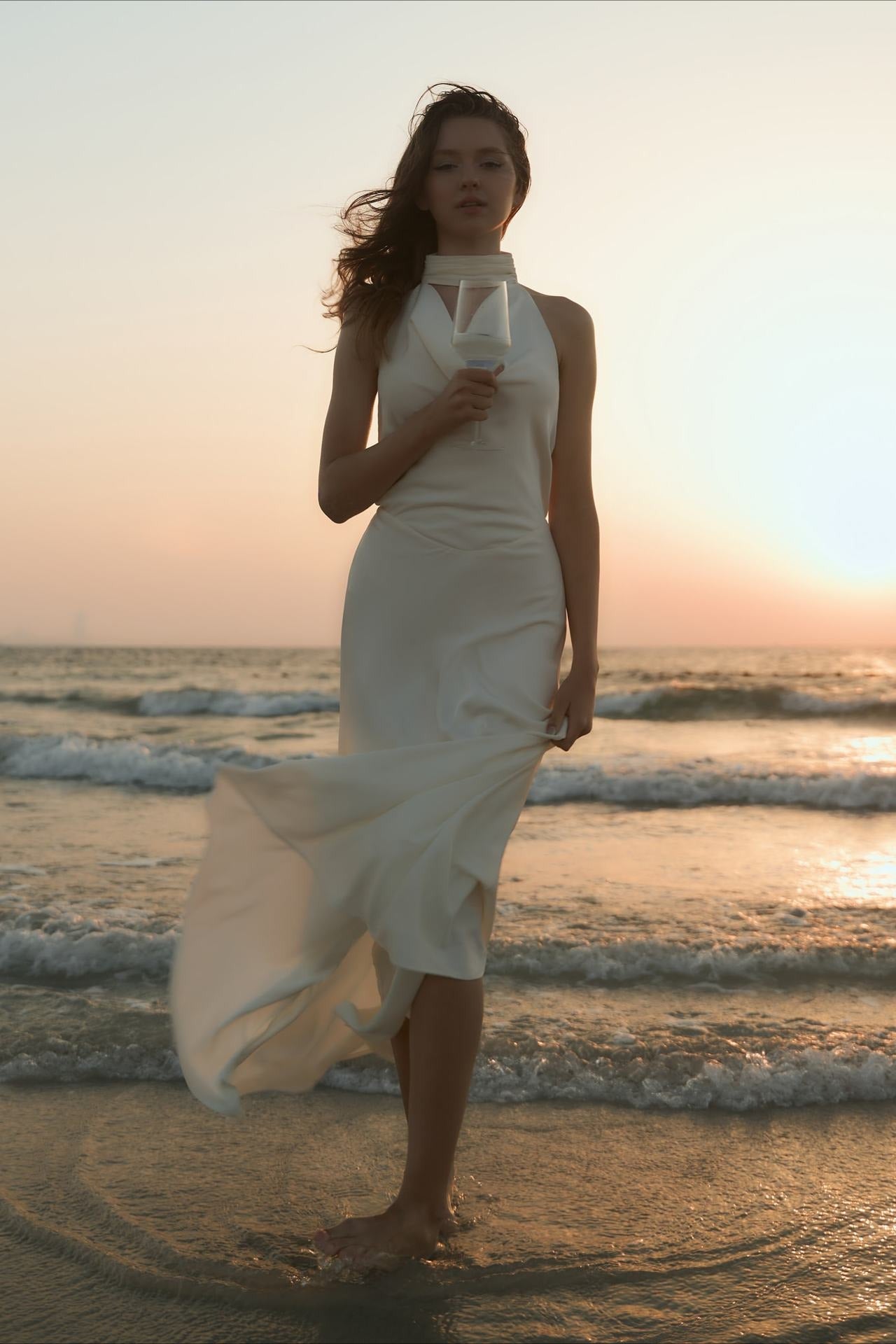 Satin V-Neck Halter Backless Maxi Dress