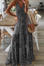 Paisley Print Deep V-Neck Spaghetti Strap Empire Waist Tiered Maxi Dress