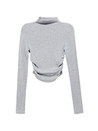 Solid Mock Neck Shirred Slim Long Sleeve Knit