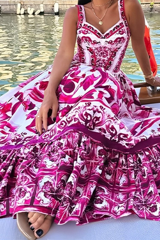 Wide Strap Sweetheart Baroque Print Tiered Ruffle Maxi Dress