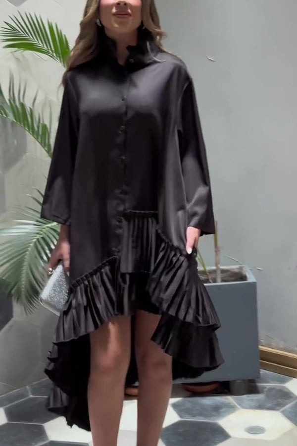 Stand Collar Pleated Ruffle High-Low Oversized Shirt Dress