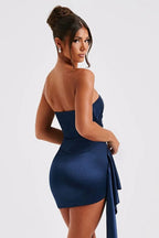 Satin Strapless Ruched Cascading Side Drape Bodycon Mini Dress