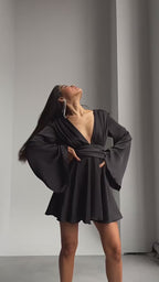 Satin Plunging V-Neck Bell Sleeve Pleated Bodice Mini Dress