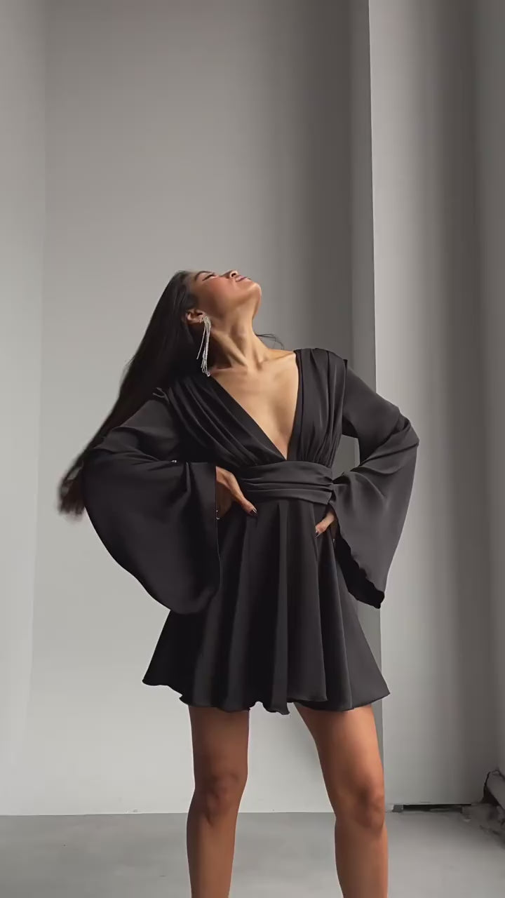 Satin Plunging V-Neck Bell Sleeve Pleated Bodice Mini Dress