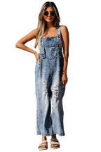 Blue Zone Planet | Stone Blue Distressed Bib Pocket Wide Leg Denim Overall