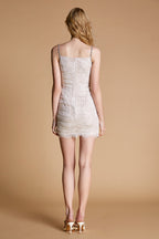 Square Neck Ruched Floral Lace Rhinestone Strap Mini Dress