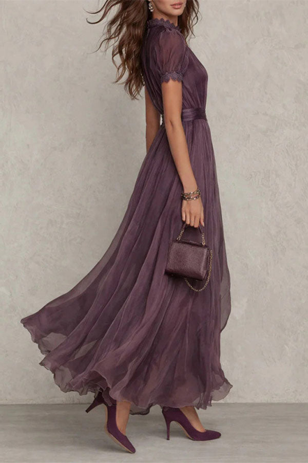 Elegant Lace Trim Keyhole Puff Sleeve Flowing Chiffon Maxi Dress