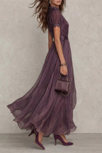 Elegant Lace Trim Keyhole Puff Sleeve Flowing Chiffon Maxi Dress