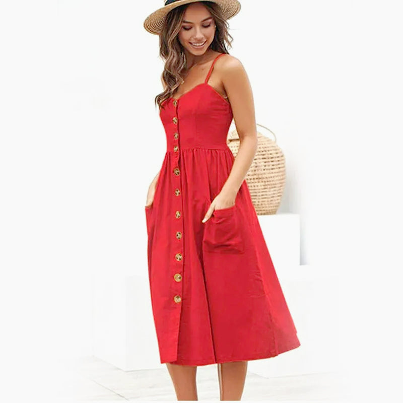 Spaghetti Strap Button Front Gathered Waist Patch Pocket Midi Dress