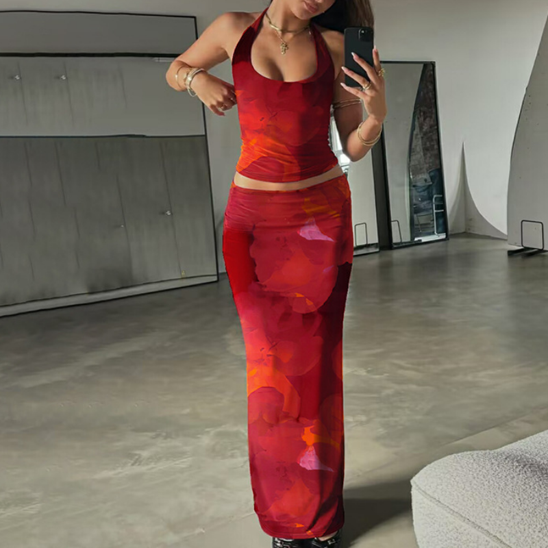 Halter self tie u neck flower print maxi skirt set  | Festival Outfits Women