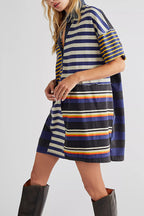 Denim Collar Striped Patchwork Polo Rugby Mini Dress