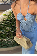 Crochet Halter Neck Keyhole 3D Floral Applique Bodycon Maxi Dress