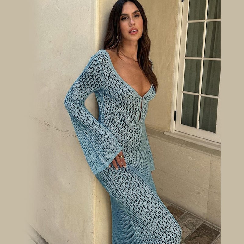 Crochet Deep V-Neck Bell Sleeve Open Knit Maxi Dress