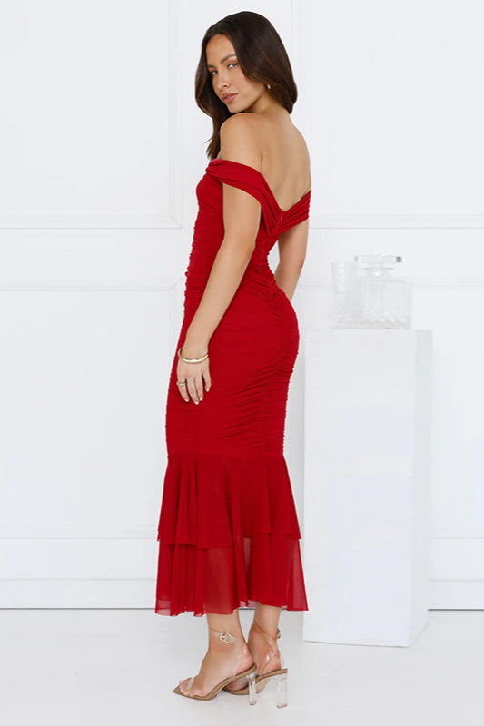 Ruched Double Layer Fishtail Maxi Dress